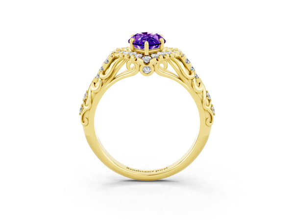 Yellow gold Marquise Cut Tanzanite Solitaire Ring with Hidden Halo and Pavé Band