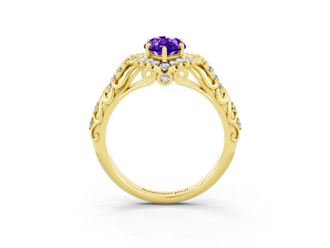 Yellow gold Marquise Cut Tanzanite Solitaire Ring with Hidden Halo and Pavé Band_15