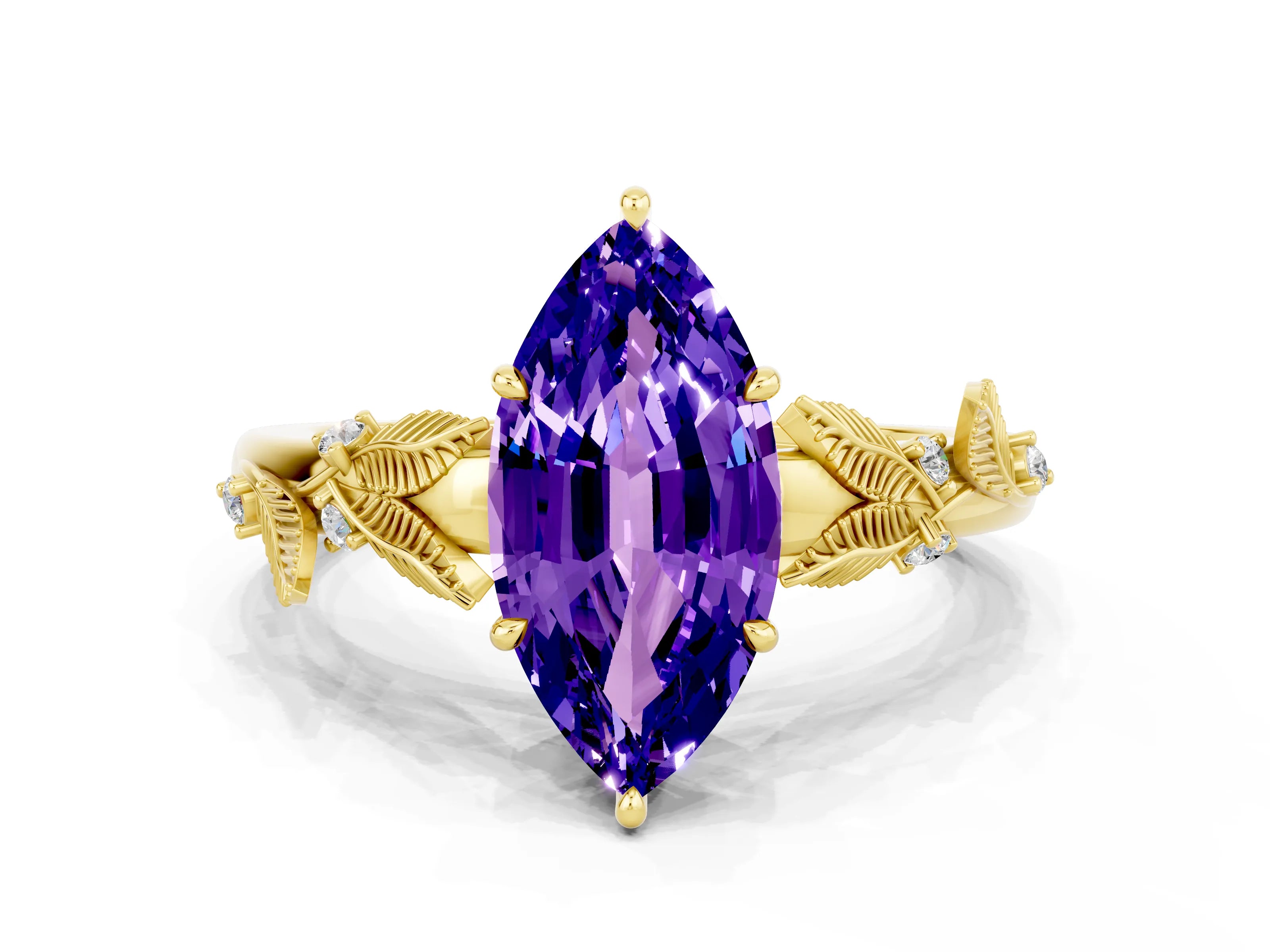 Yellow gold Marquise Cut Tanzanite Solitaire Ring with Leaf Motif Band and Four-Prong Setting