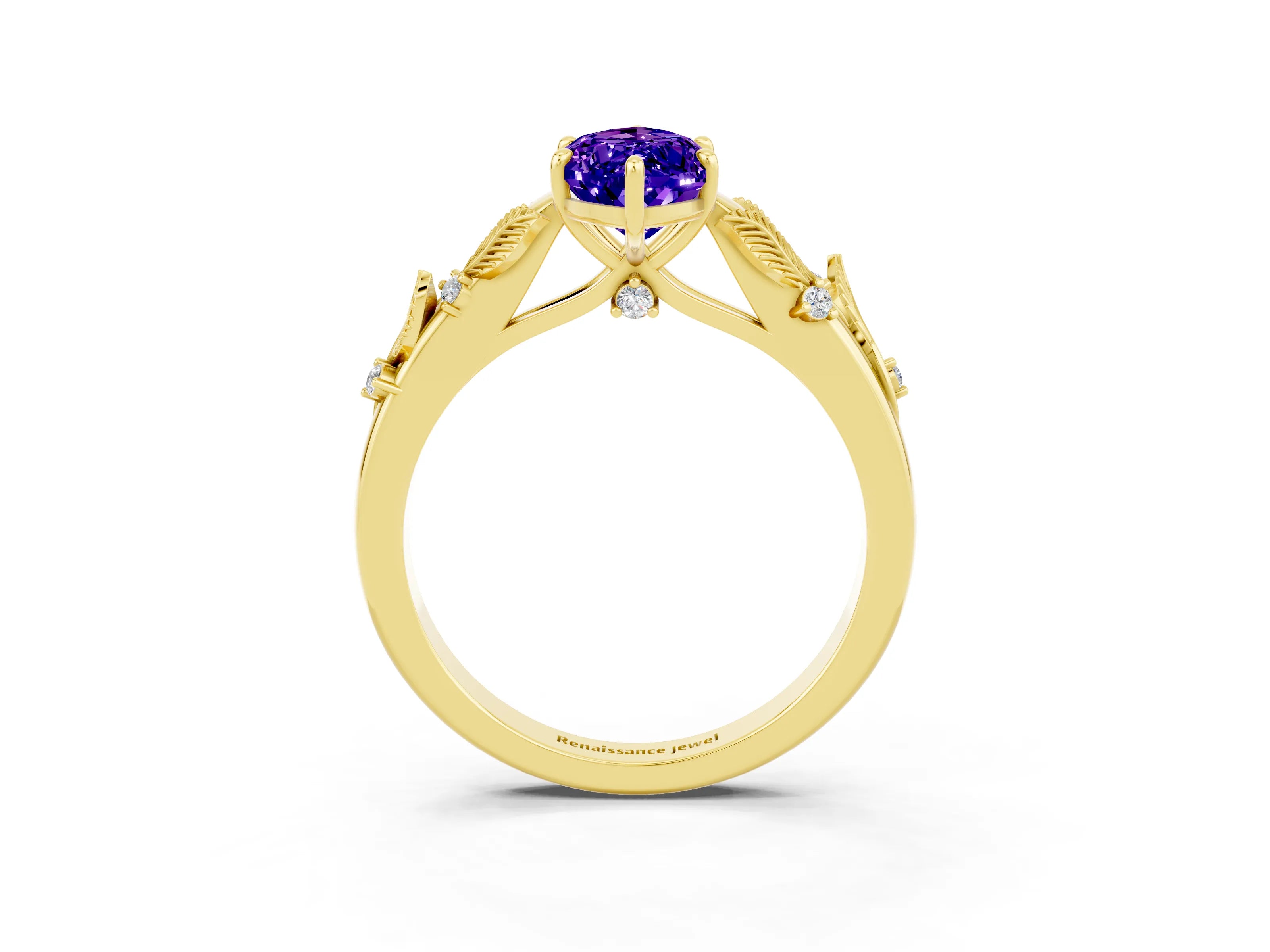 Yellow gold Marquise Cut Tanzanite Solitaire Ring with Leaf Motif Band and Four-Prong Setting_3