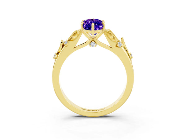 Yellow gold Marquise Cut Tanzanite Solitaire Ring with Leaf Motif Band and Four-Prong Setting