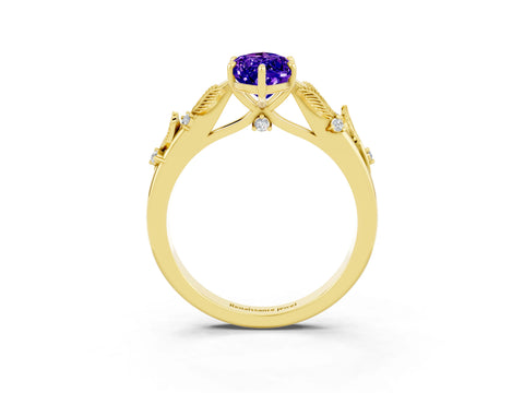Yellow gold Marquise Cut Tanzanite Solitaire Ring with Leaf Motif Band and Four-Prong Setting_3