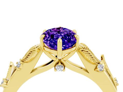 Yellow gold Marquise Cut Tanzanite Solitaire Ring with Leaf Motif Band and Four-Prong Setting_4