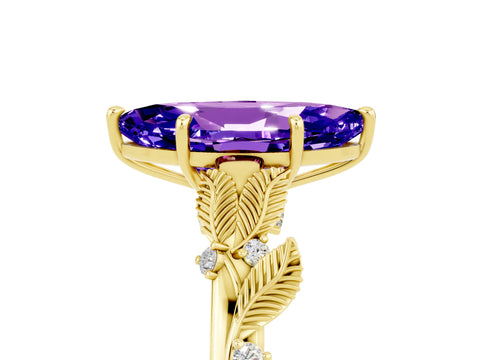 Yellow gold Marquise Cut Tanzanite Solitaire Ring with Leaf Motif Band and Four-Prong Setting_5