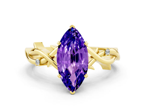 Yellow gold Marquise Cut Tanzanite Solitaire Ring with Milgrain Pavé Band and Four-Prong Setting_12