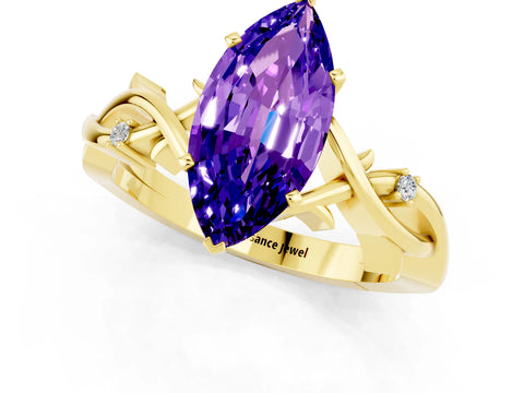 Yellow gold Marquise Cut Tanzanite Solitaire Ring with Milgrain Pavé Band and Four-Prong Setting_13