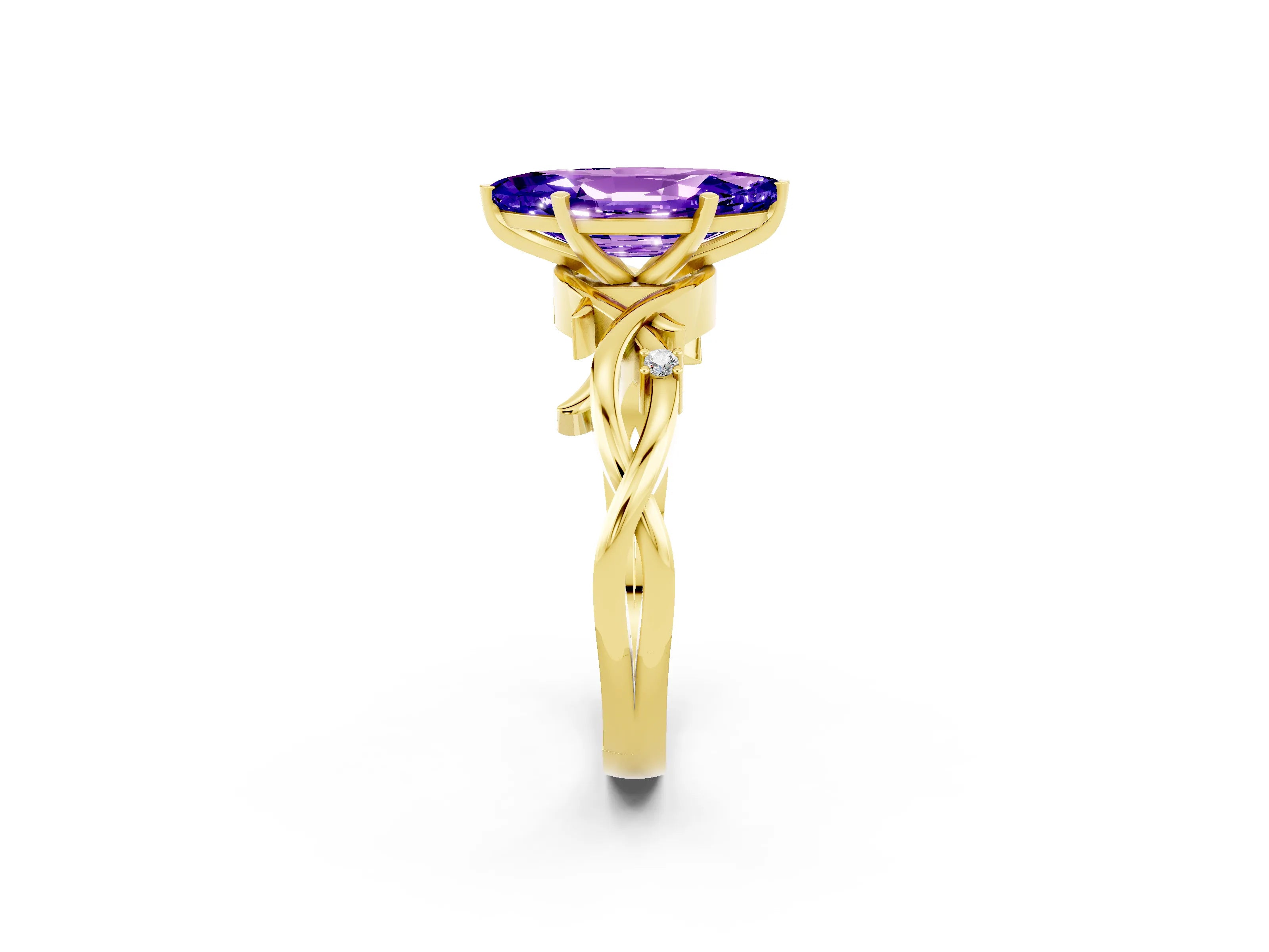 Yellow gold Marquise Cut Tanzanite Solitaire Ring with Milgrain Pavé Band and Four-Prong Setting_14