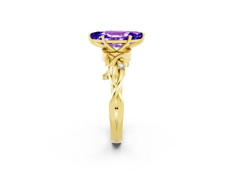 Yellow gold Marquise Cut Tanzanite Solitaire Ring with Milgrain Pavé Band and Four-Prong Setting_14