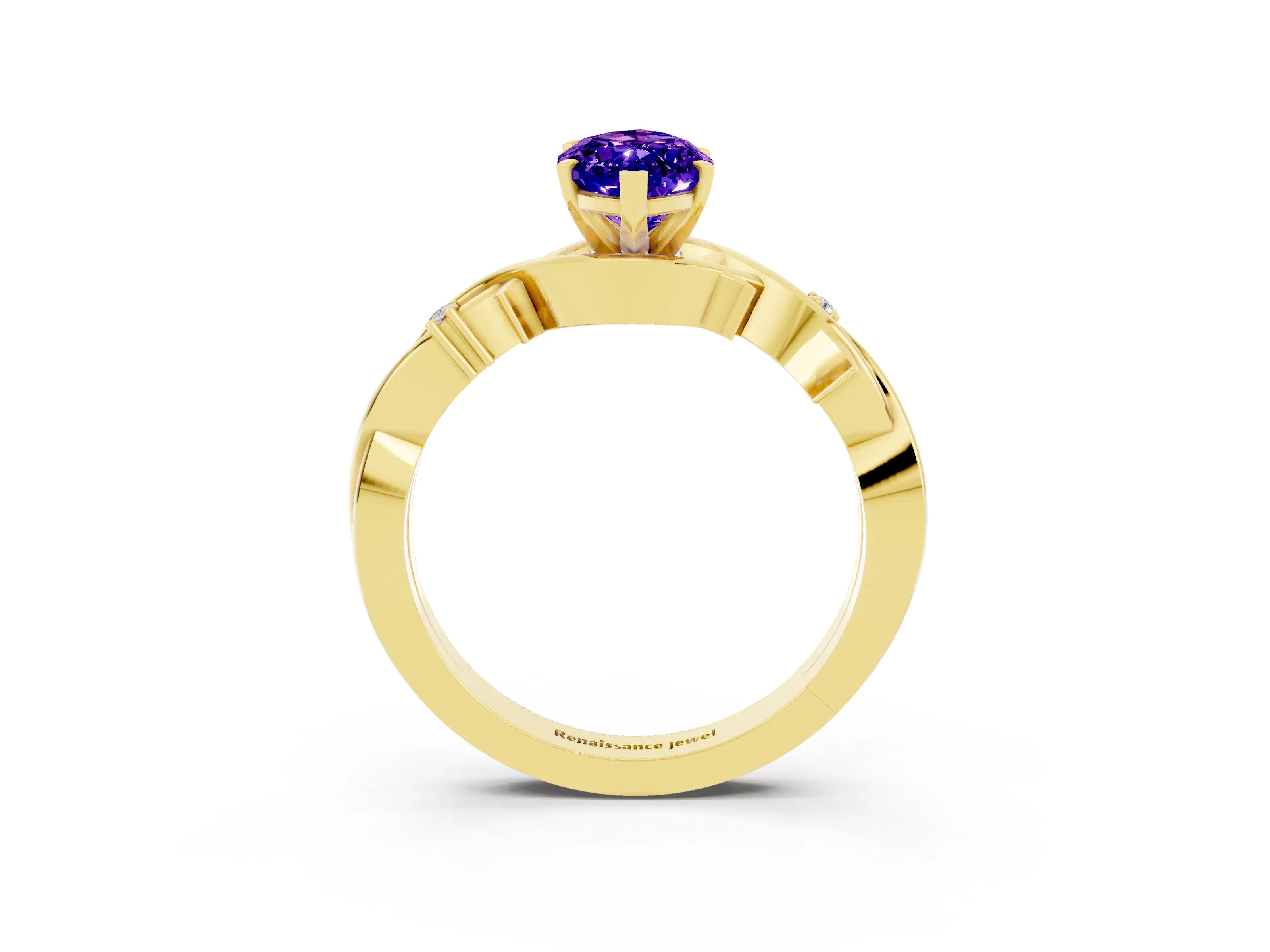 Yellow gold Marquise Cut Tanzanite Solitaire Ring with Milgrain Pavé Band and Four-Prong Setting_15