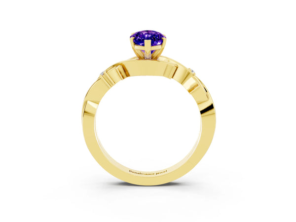 Yellow gold Marquise Cut Tanzanite Solitaire Ring with Milgrain Pavé Band and Four-Prong Setting