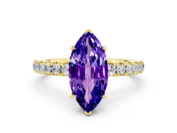Yellow gold Marquise Cut Tanzanite Solitaire Ring with Pavé Accents and Four-Prong Setting
