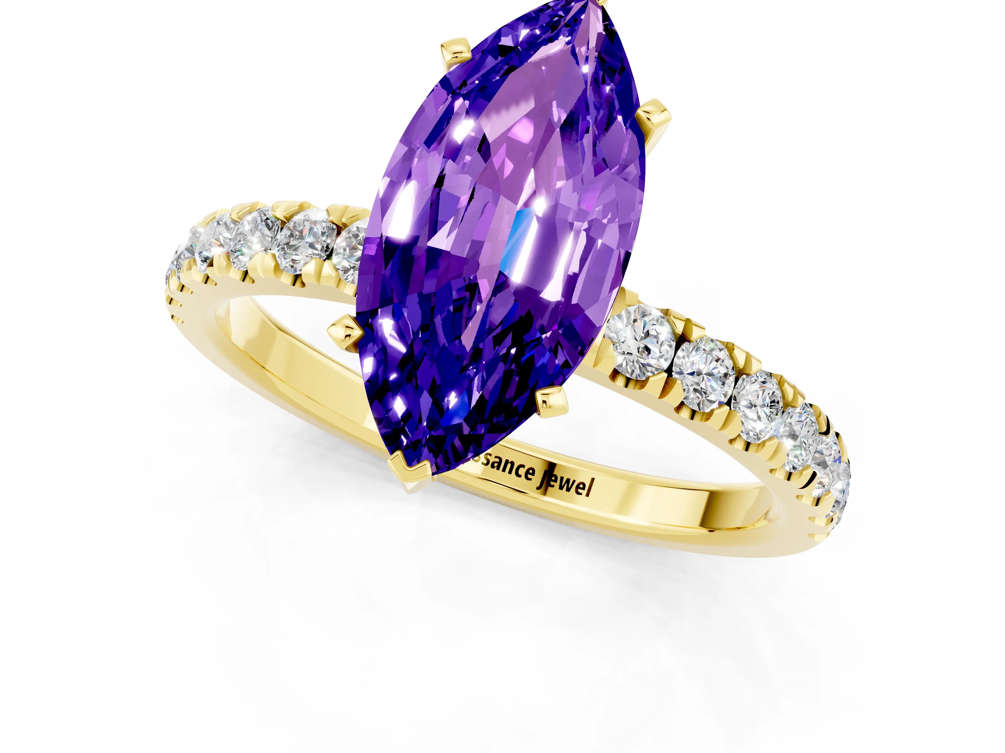 Yellow gold Marquise Cut Tanzanite Solitaire Ring with Pavé Accents and Four-Prong Setting_1