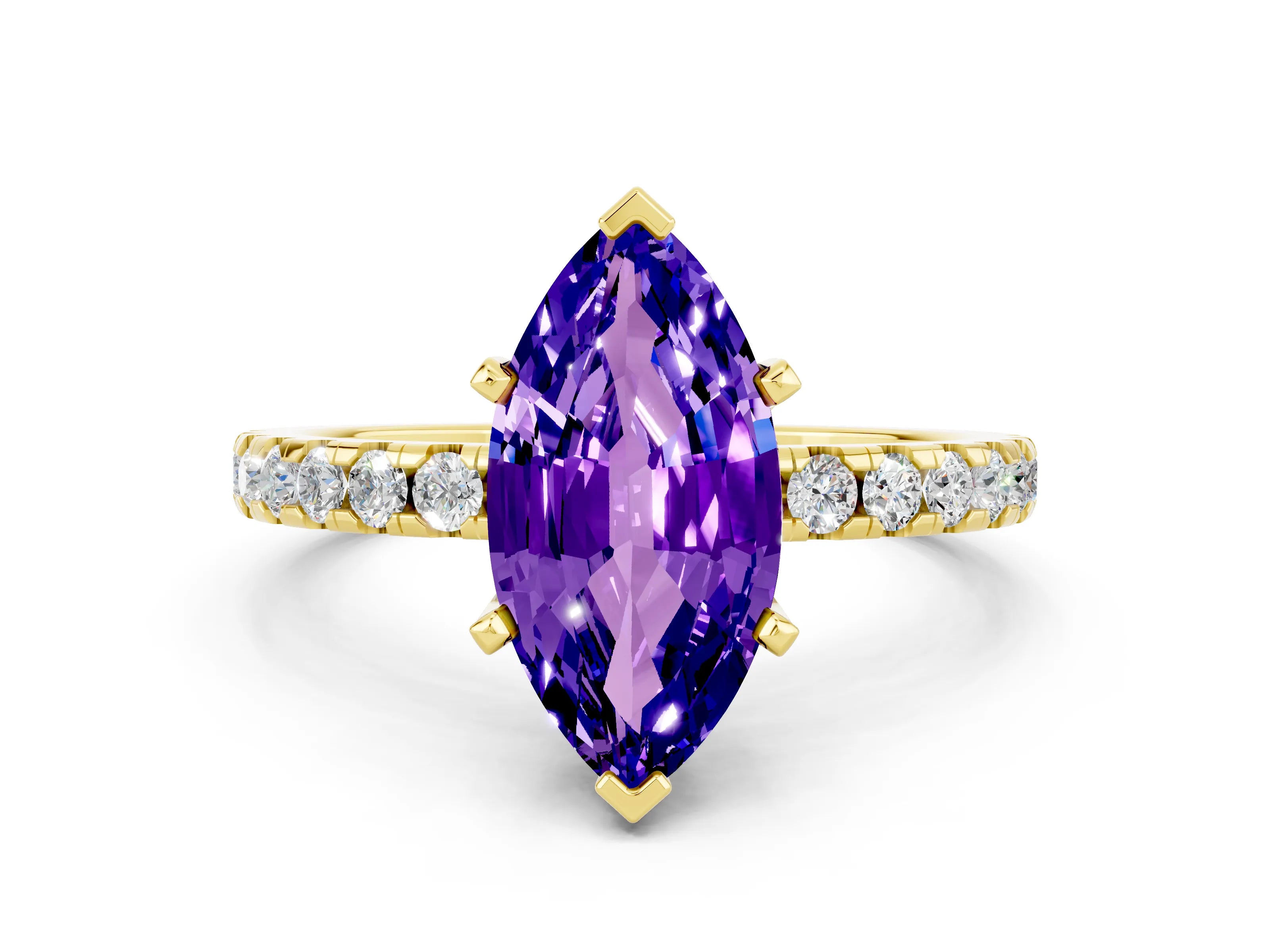 Yellow gold Marquise Cut Tanzanite Solitaire Ring with Pavé Band and Four-Prong Setting_24