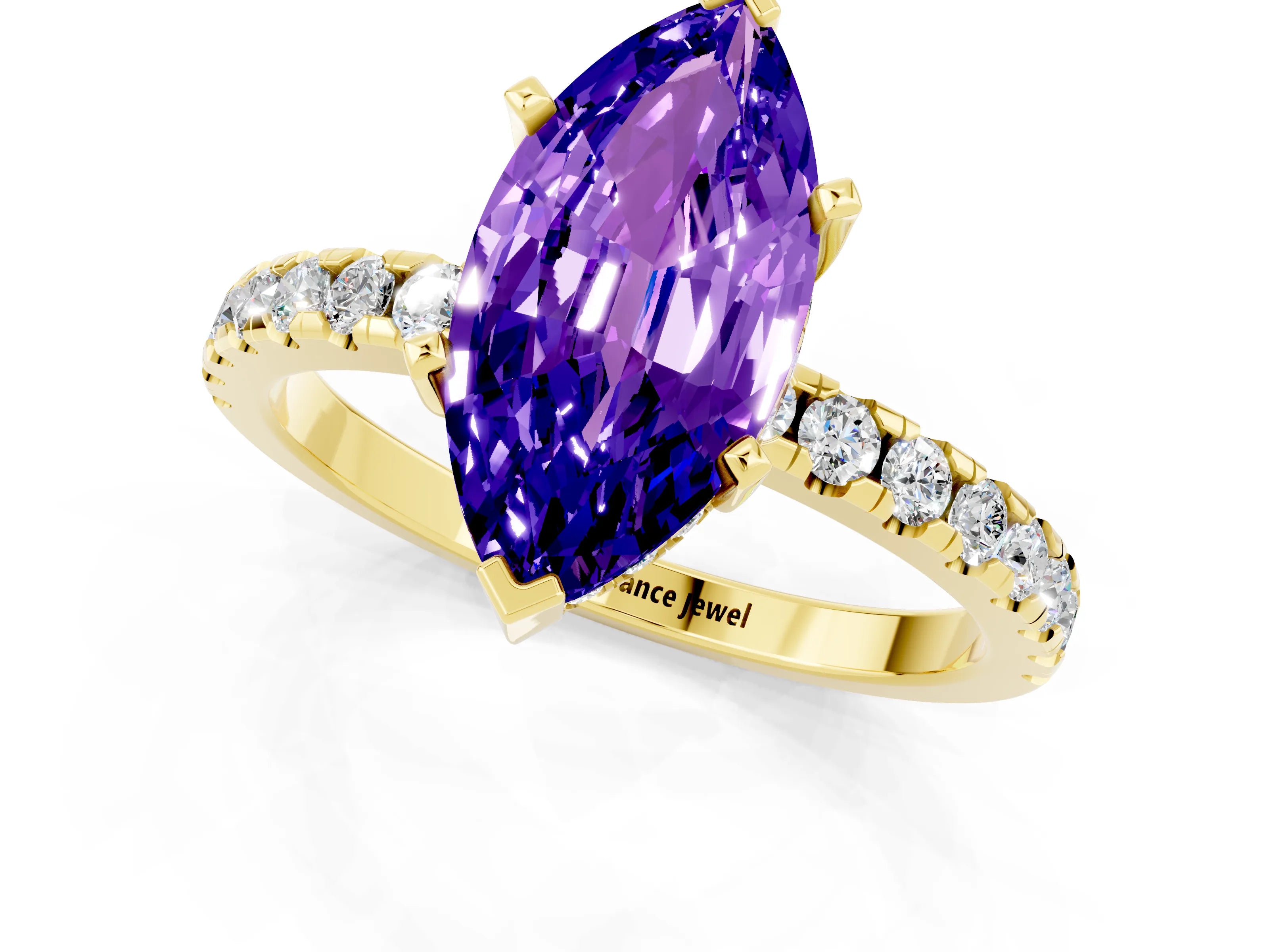 Yellow gold Marquise Cut Tanzanite Solitaire Ring with Pavé Band and Four-Prong Setting_25