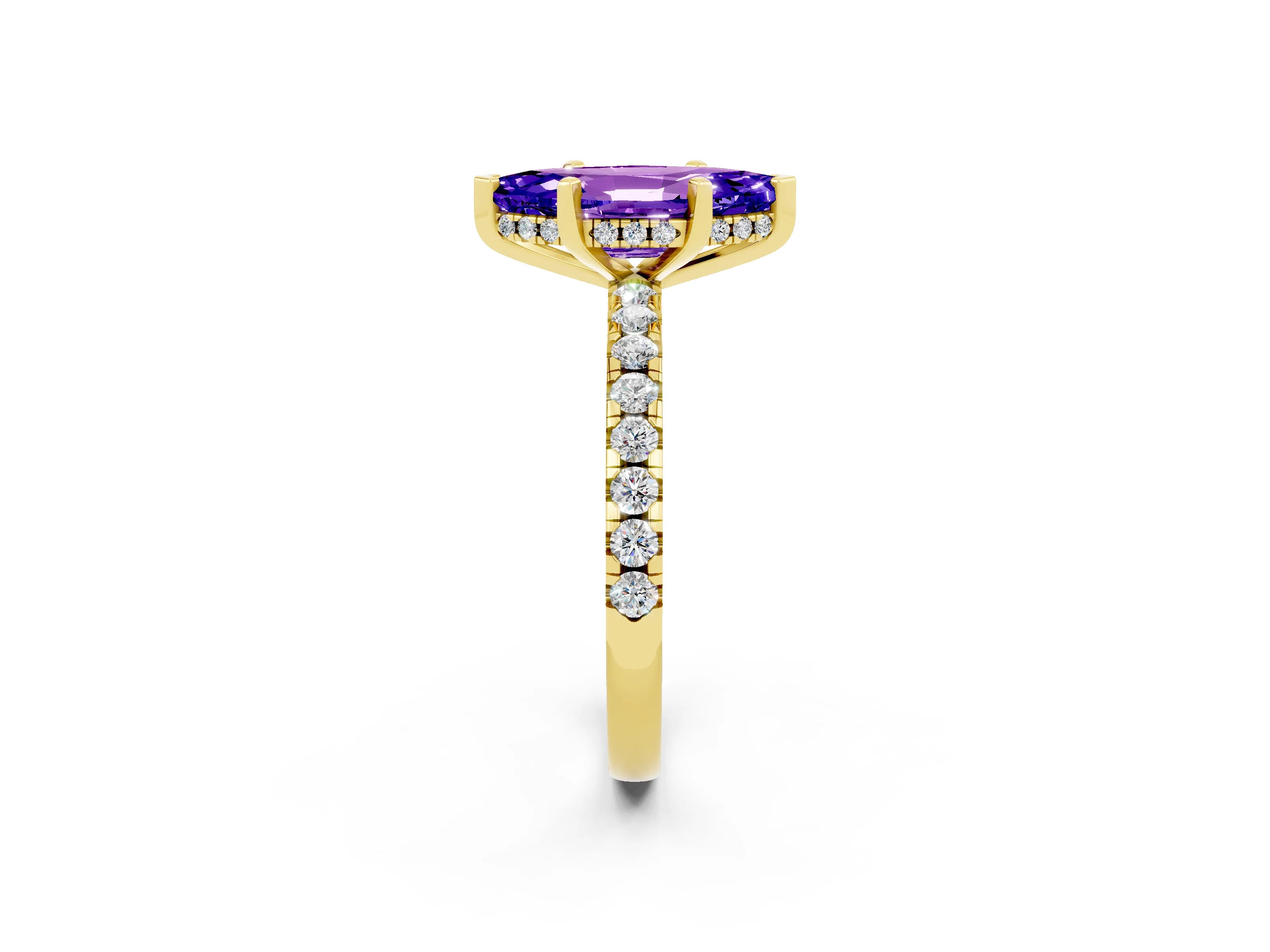 Yellow gold Marquise Cut Tanzanite Solitaire Ring with Pavé Band and Four-Prong Setting_26