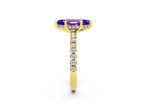 Yellow gold Marquise Cut Tanzanite Solitaire Ring with Round  Pavé Band and Four-Prong Setting