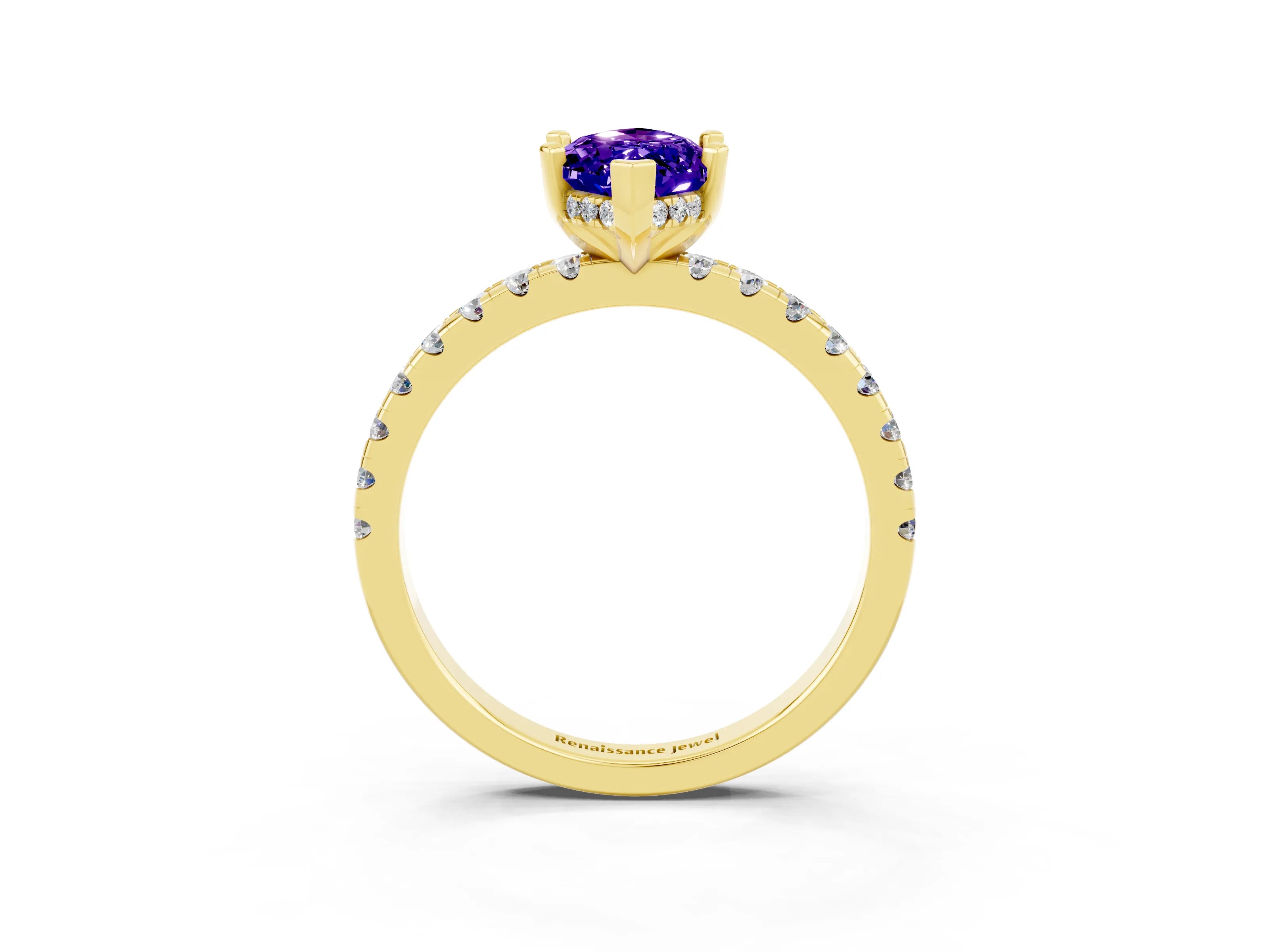 Yellow gold Marquise Cut Tanzanite Solitaire Ring with Pavé Band and Four-Prong Setting_27