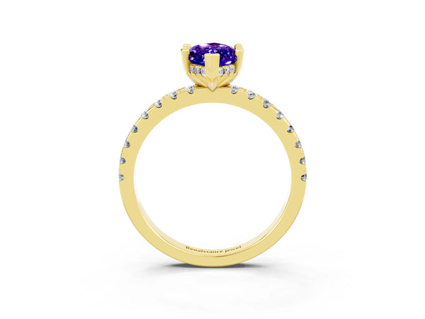 Yellow gold Marquise Cut Tanzanite Solitaire Ring with Round  Pavé Band and Four-Prong Setting