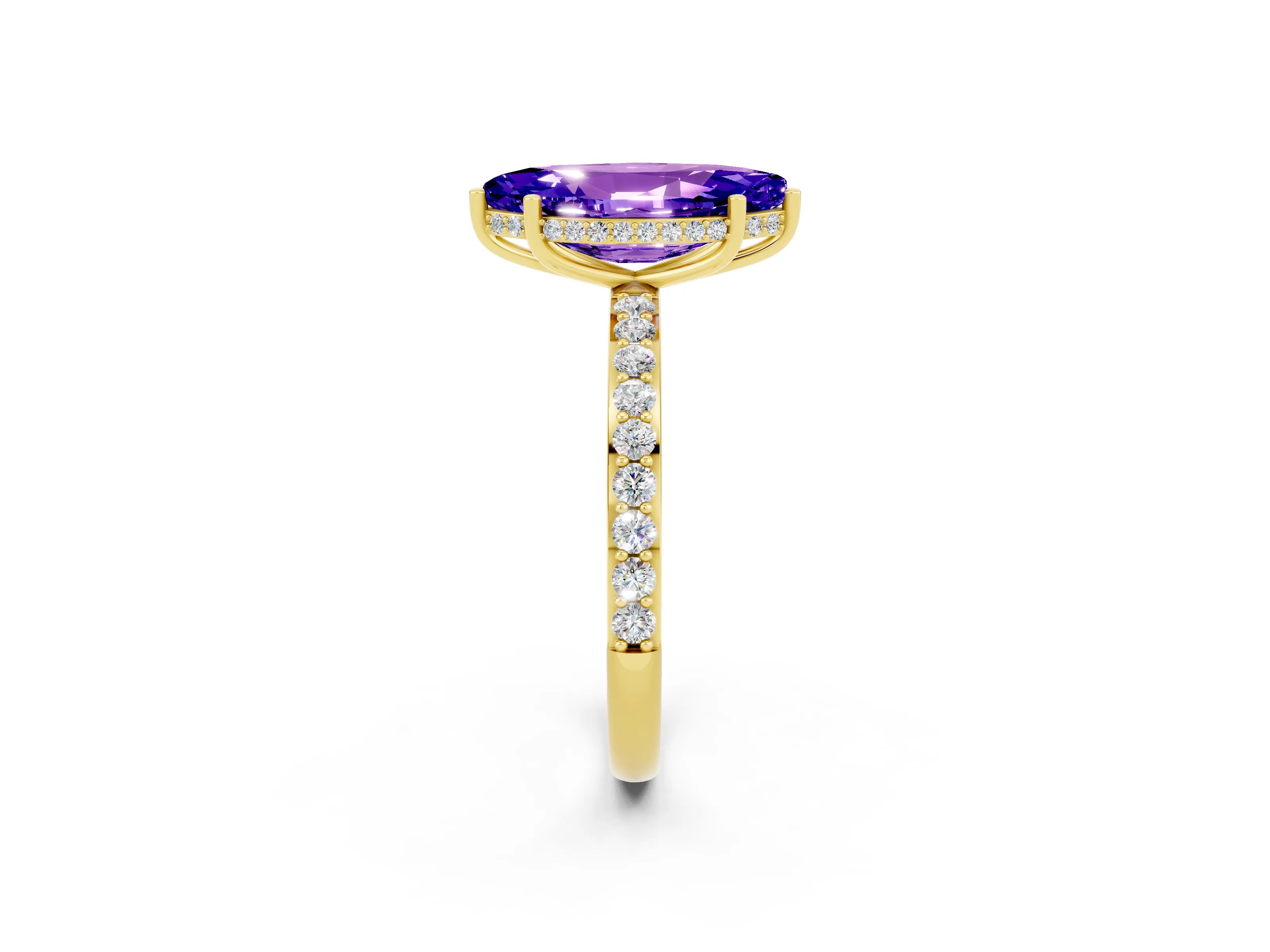 Yellow gold Marquise Cut Tanzanite Solitaire Ring with Pavé Band and Hidden Halo_14
