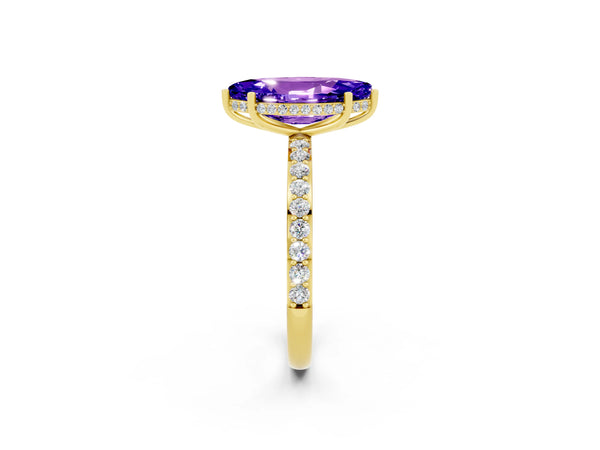 Yellow gold Marquise Cut Tanzanite Solitaire Ring with Pavé Band and Hidden Halo