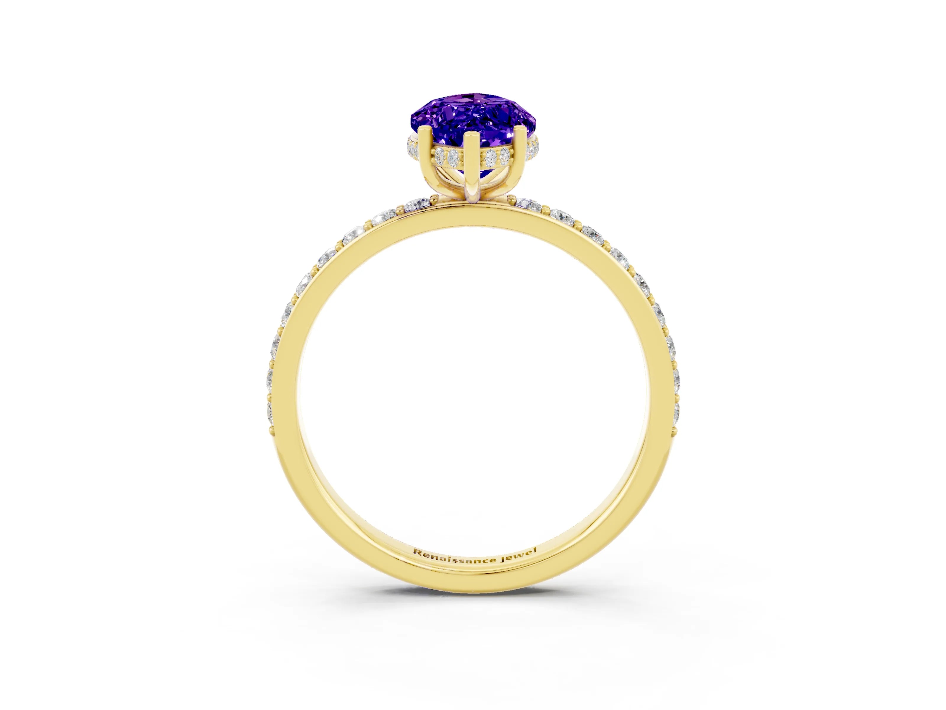 Yellow gold Marquise Cut Tanzanite Solitaire Ring with Pavé Band and Hidden Halo_15