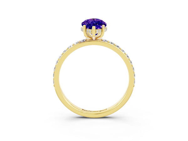Yellow gold Marquise Cut Tanzanite Solitaire Ring with Pavé Band and Hidden Halo