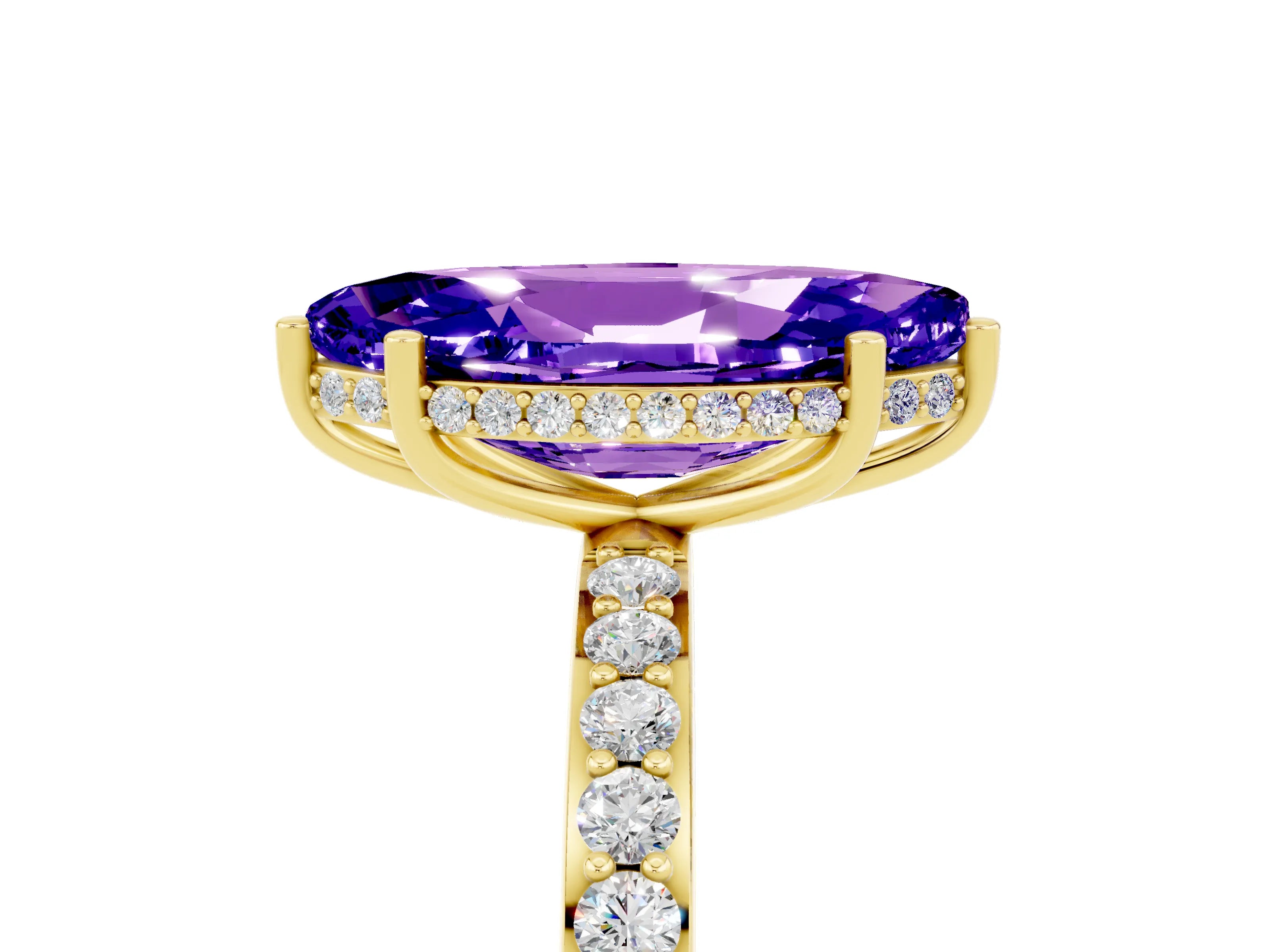 Yellow gold Marquise Cut Tanzanite Solitaire Ring with Pavé Band and Hidden Halo_17