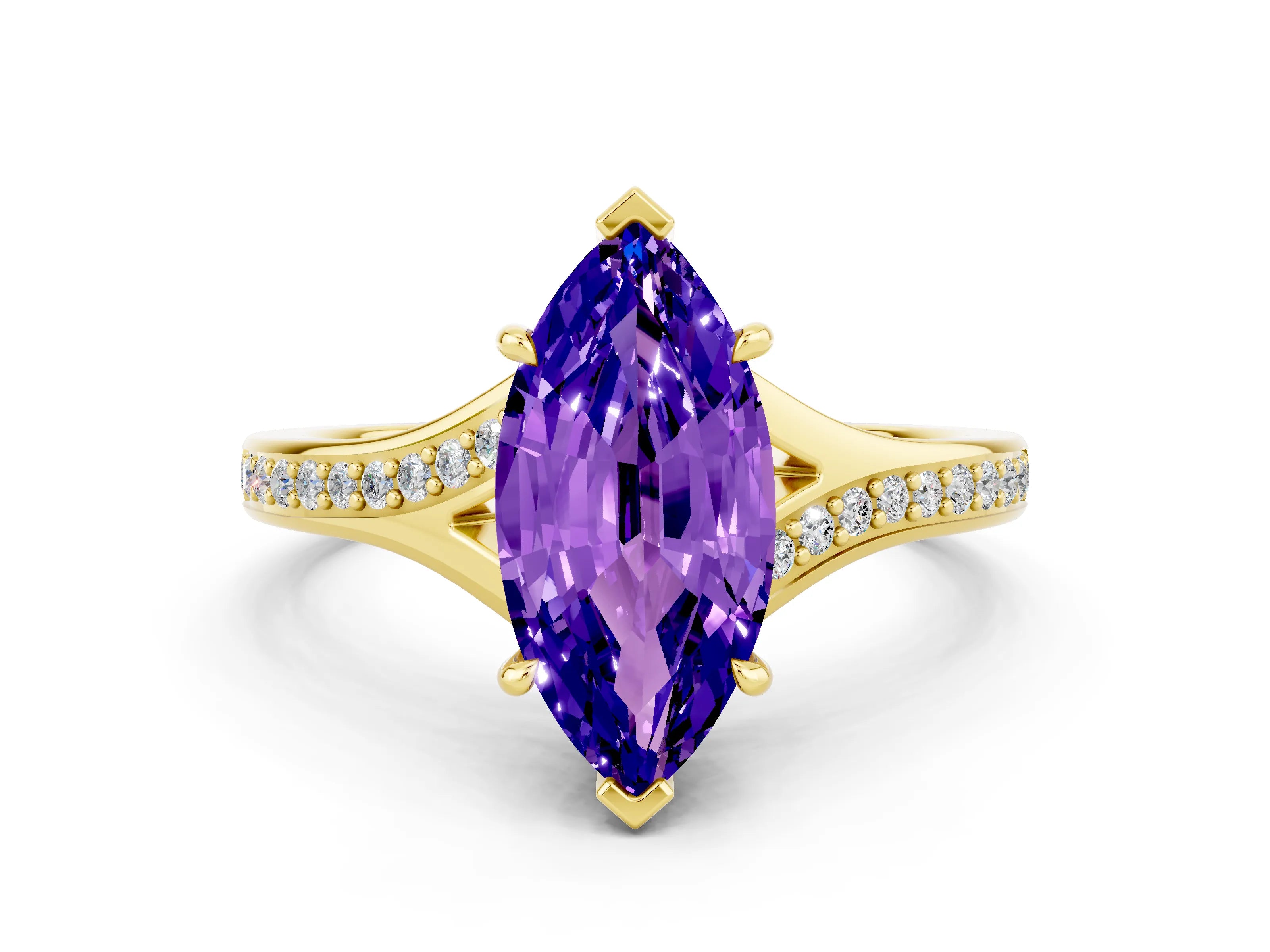 Yellow gold Marquise Cut Tanzanite Solitaire Ring with Pavé Band and Prong Setting