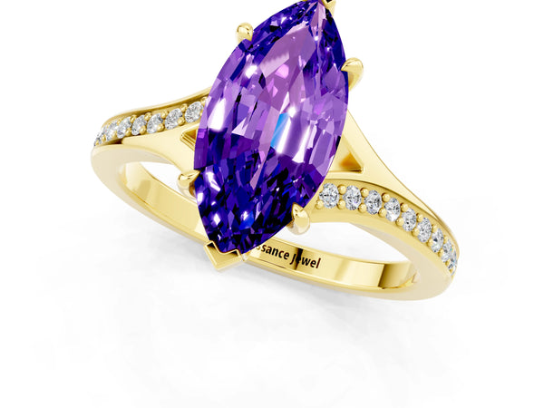 Yellow gold Marquise Cut Tanzanite Solitaire Ring with Pavé Band and Prong Setting