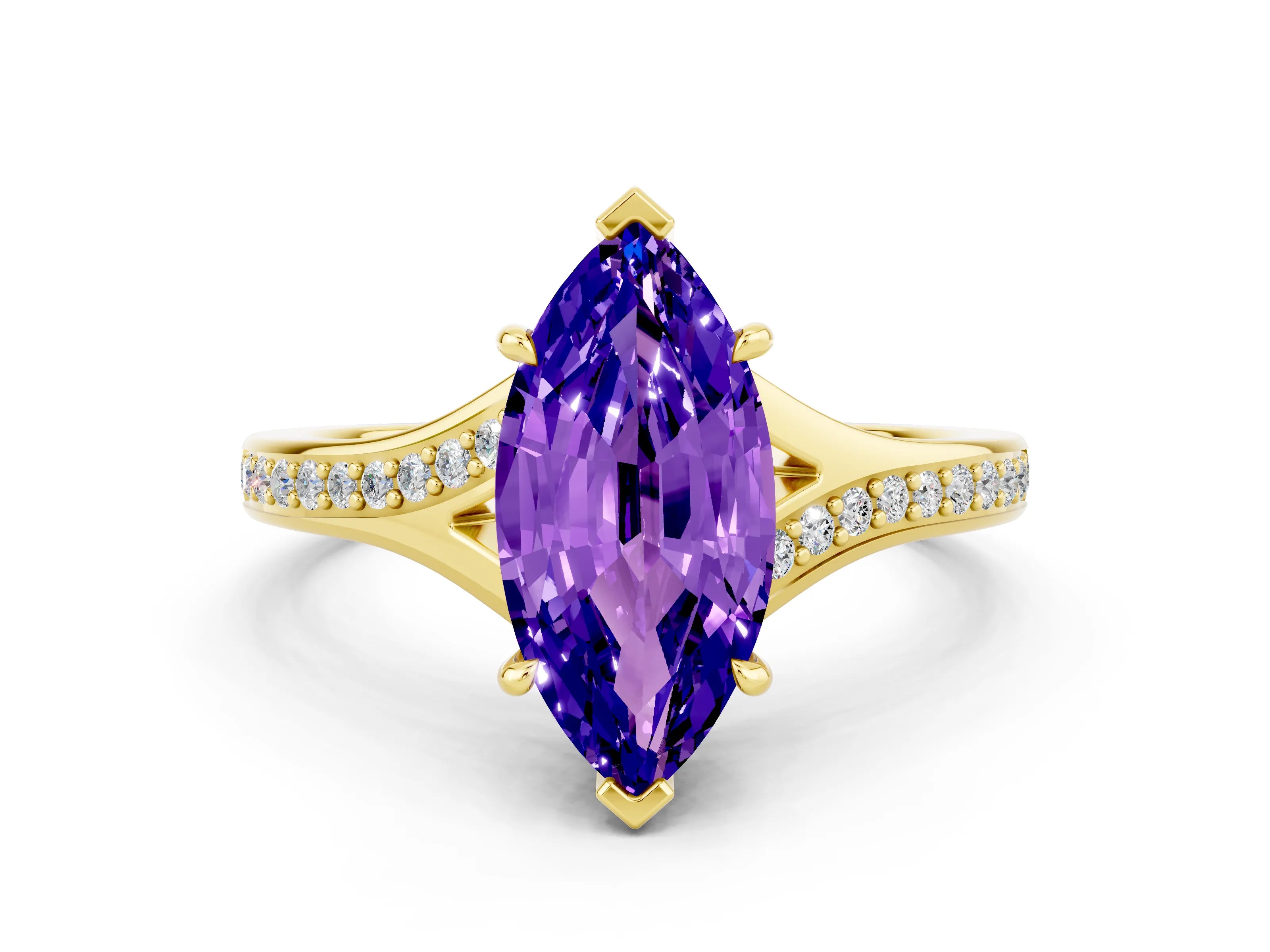 Yellow gold Marquise Cut Tanzanite Solitaire Ring with Pavé Band and Prong Setting_12