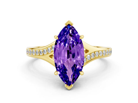 Yellow gold Marquise Cut Tanzanite Solitaire Ring with Pavé Band and Prong Setting_12