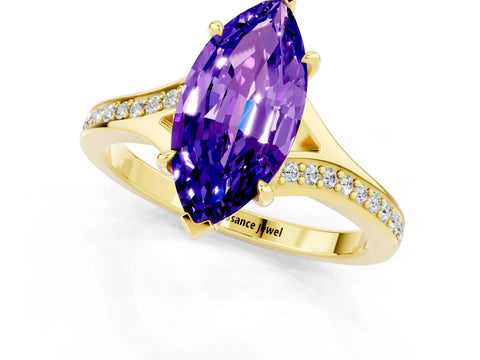 Yellow gold Marquise Cut Tanzanite Solitaire Ring with Pavé Band and Prong Setting_13