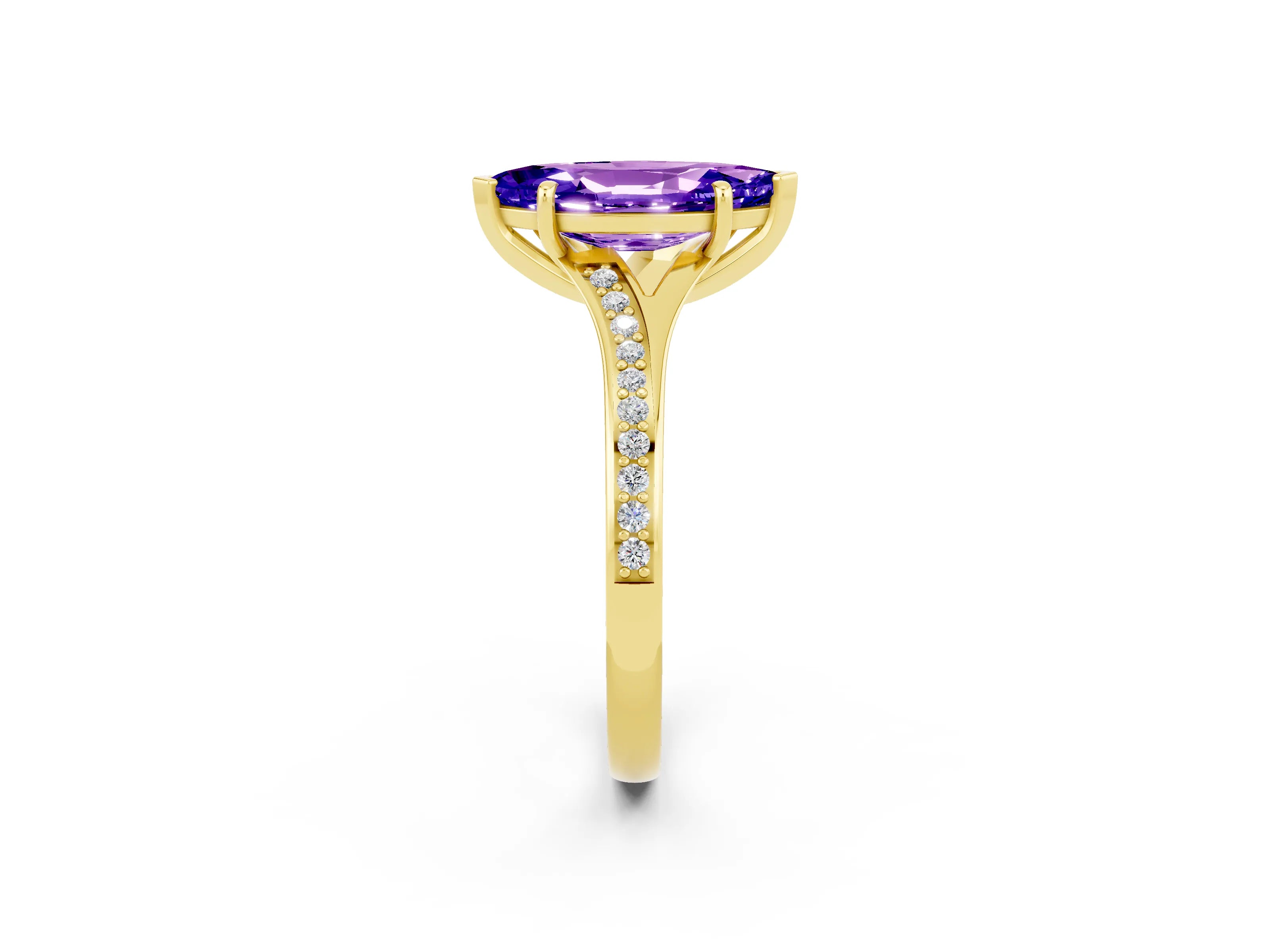 Yellow gold Marquise Cut Tanzanite Solitaire Ring with Pavé Band and Prong Setting_14
