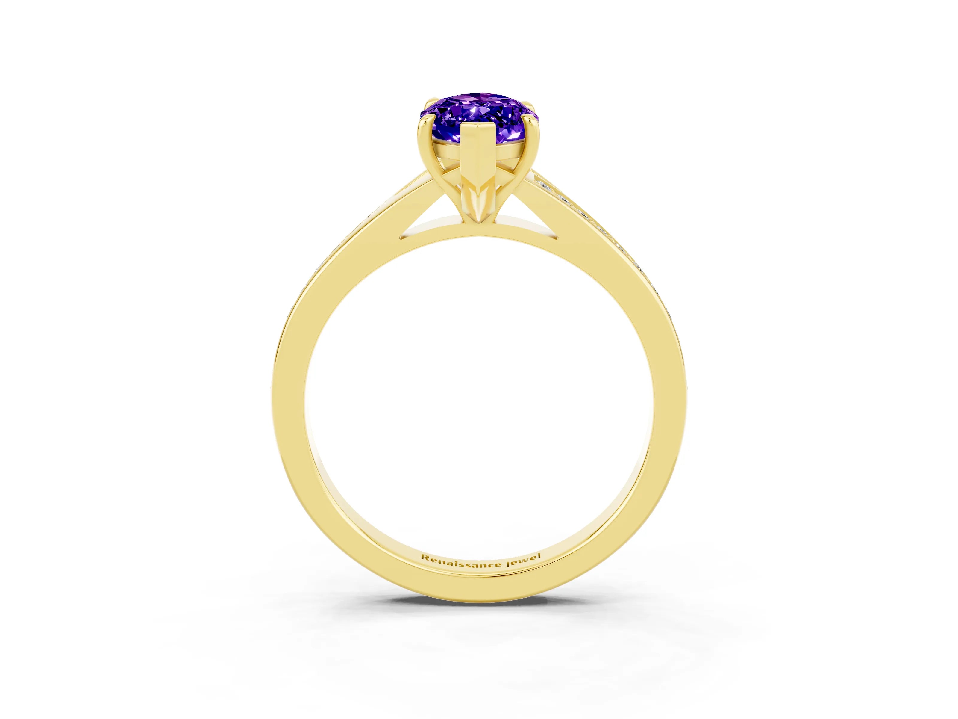 Yellow gold Marquise Cut Tanzanite Solitaire Ring with Pavé Band and Prong Setting_15
