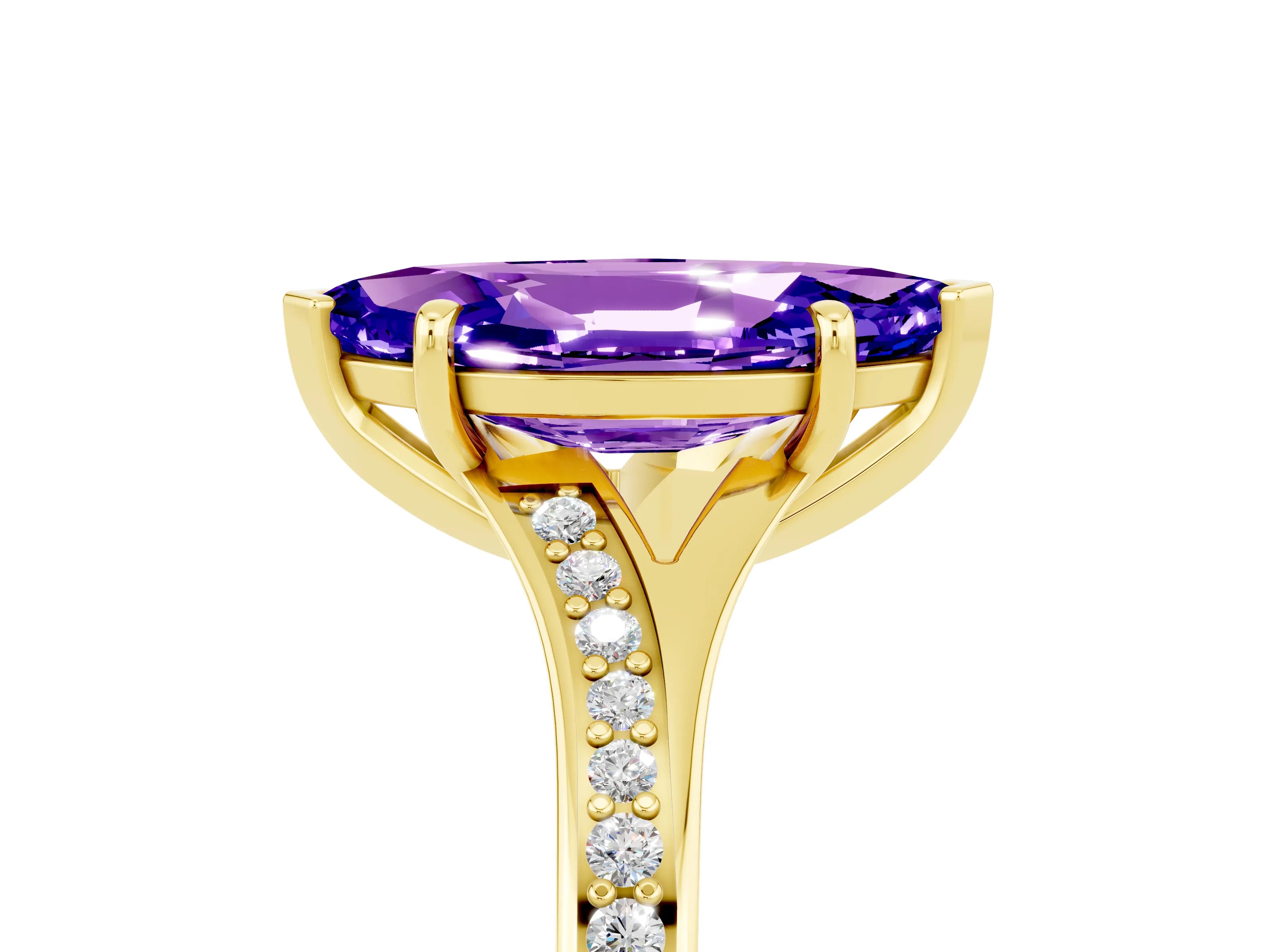 Yellow gold Marquise Cut Tanzanite Solitaire Ring with Pavé Band and Prong Setting_17