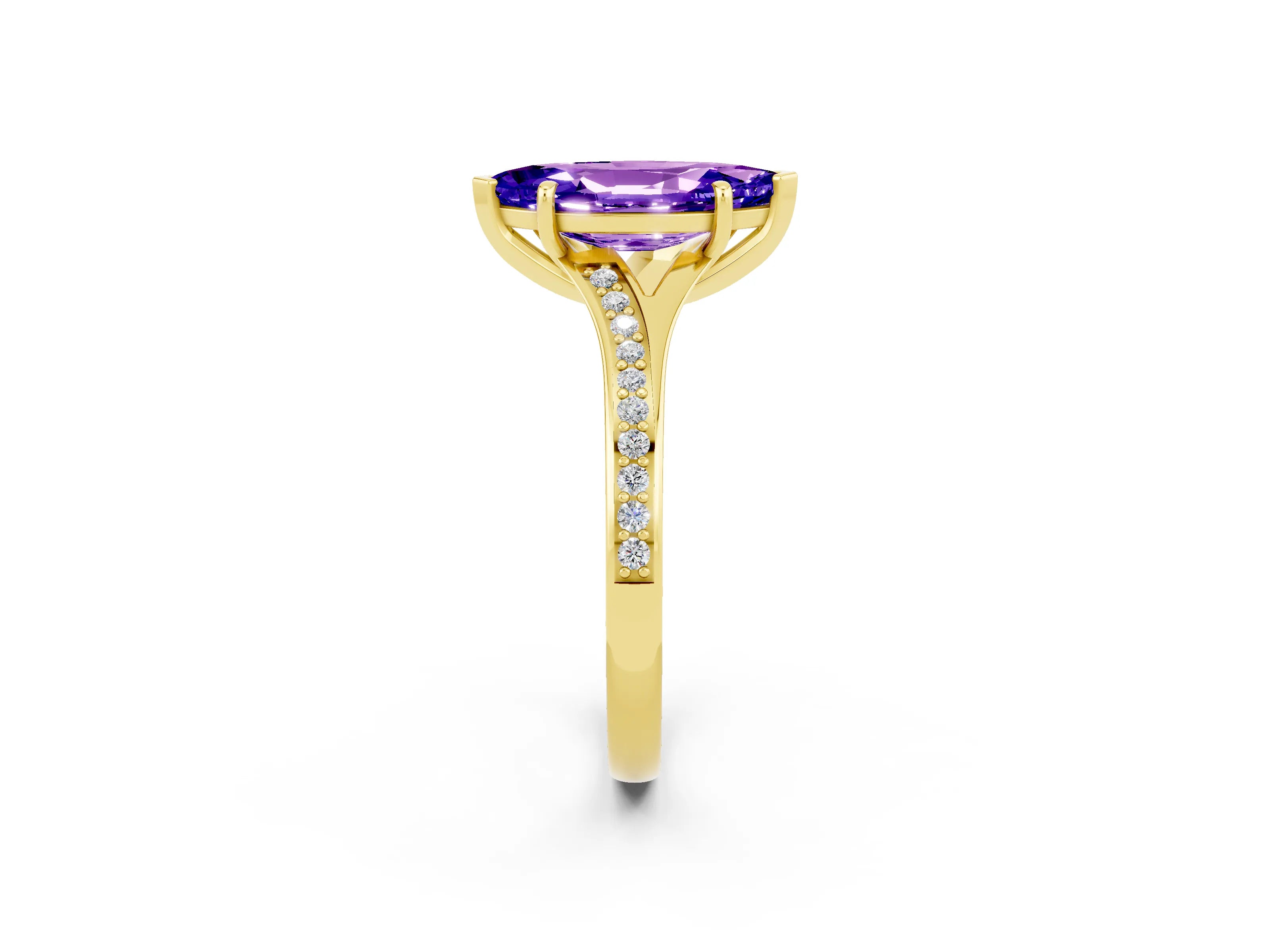 Yellow gold Marquise Cut Tanzanite Solitaire Ring with Pavé Band and Prong Setting_2