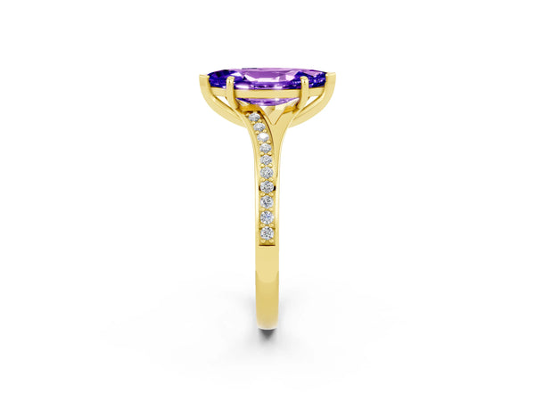 Yellow gold Marquise Cut Tanzanite Solitaire Ring with Pavé Band and Prong Setting