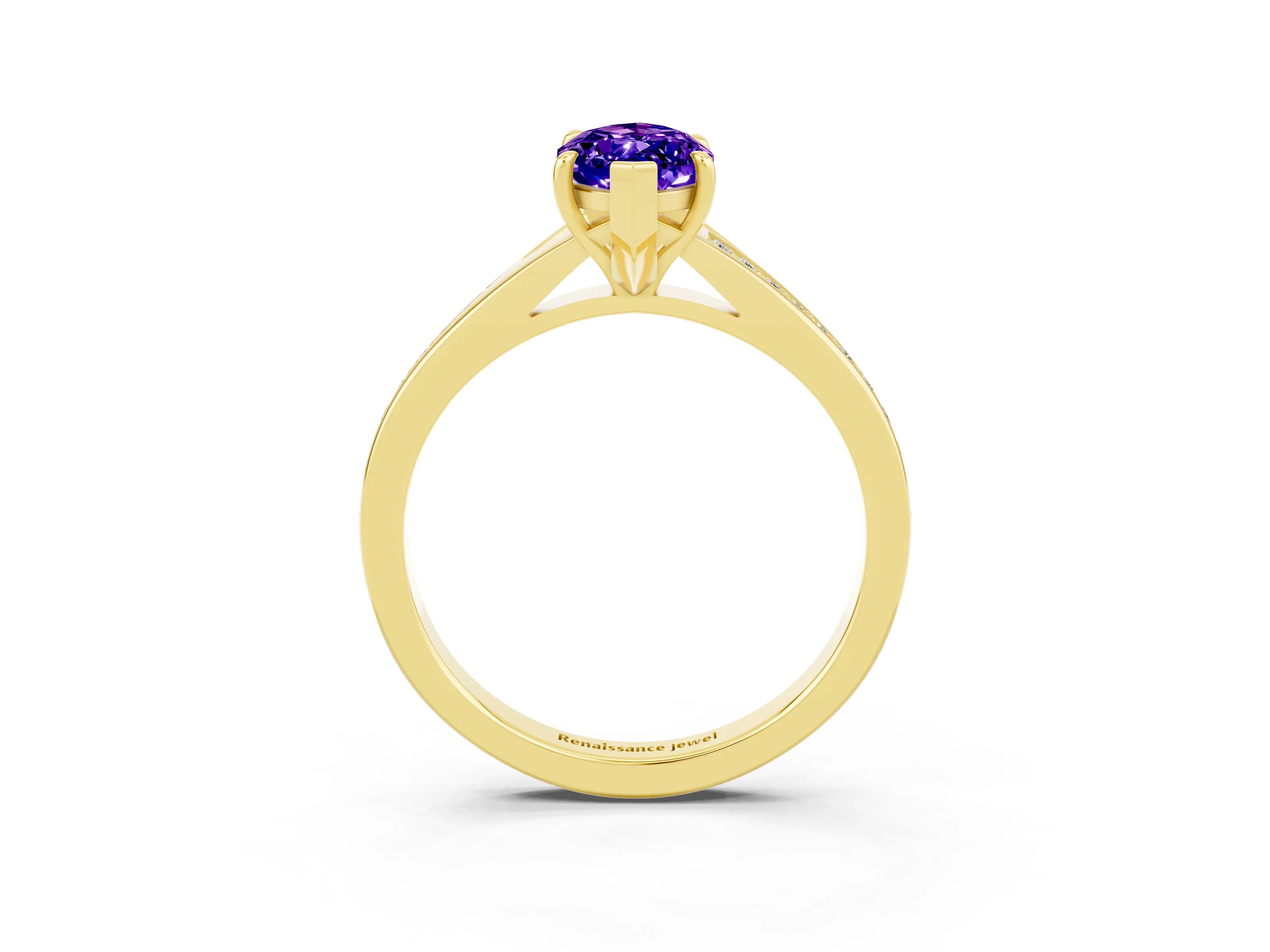 Yellow gold Marquise Cut Tanzanite Solitaire Ring with Pavé Band and Prong Setting_3