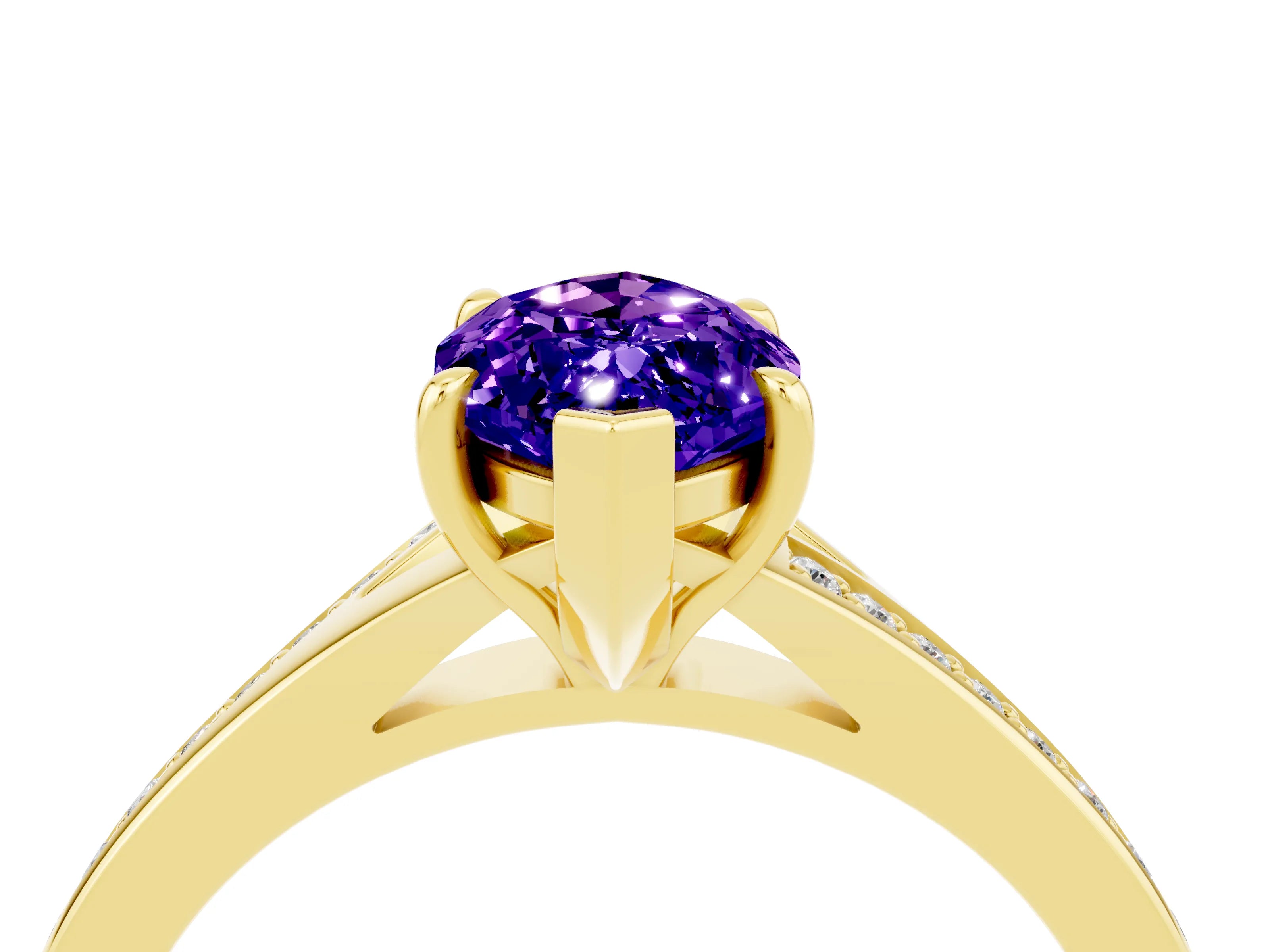 Yellow gold Marquise Cut Tanzanite Solitaire Ring with Pavé Band and Prong Setting_4