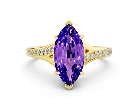 Yellow gold Marquise Cut Tanzanite Solitaire Ring with Pavé Band and Prong Setting