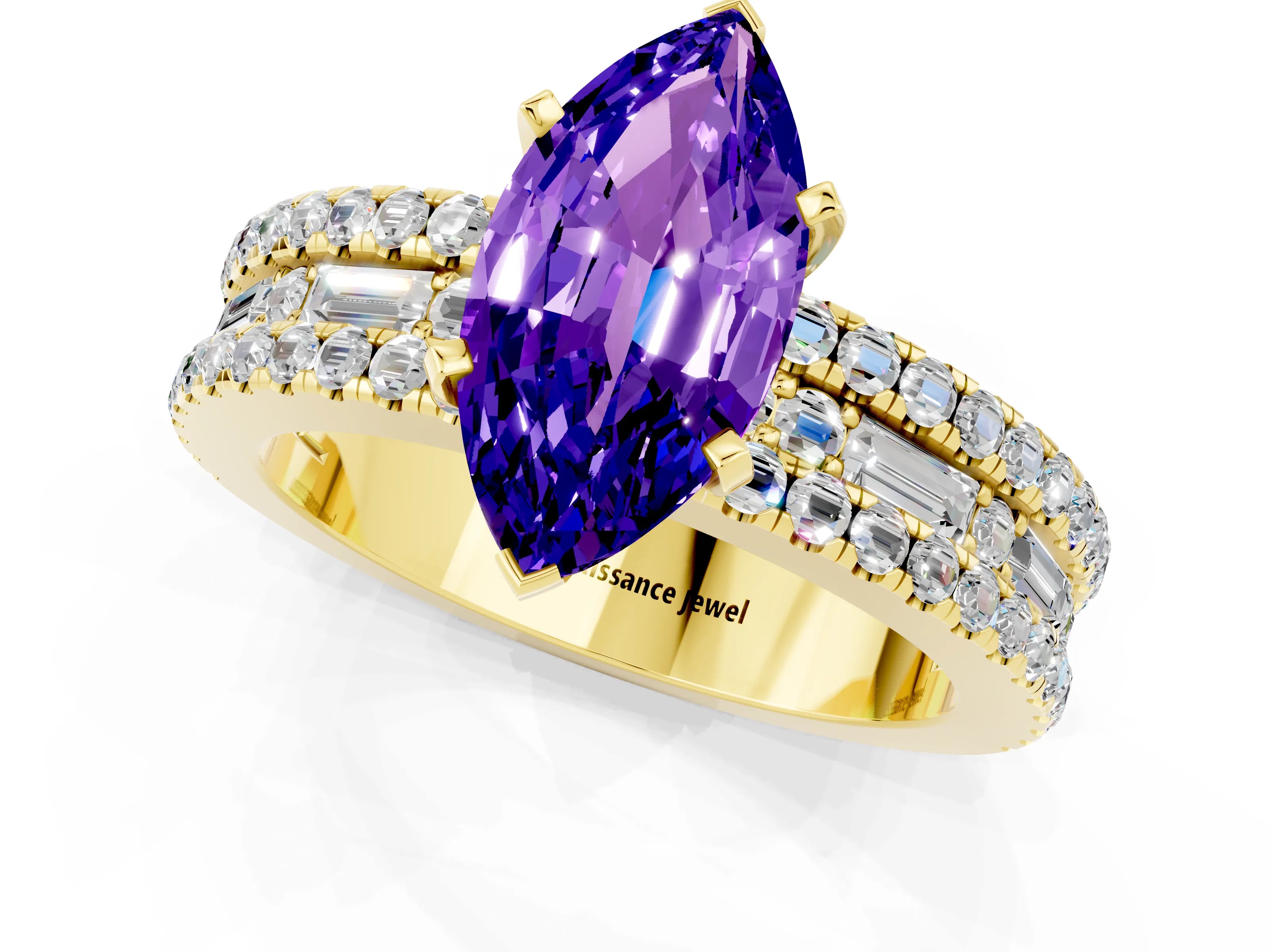 Yellow gold Marquise Cut Tanzanite Solitaire Ring with Pavé and Channel Set Band_1