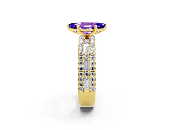 Yellow gold Marquise Cut Tanzanite Solitaire Ring with Pavé and Channel Set Band