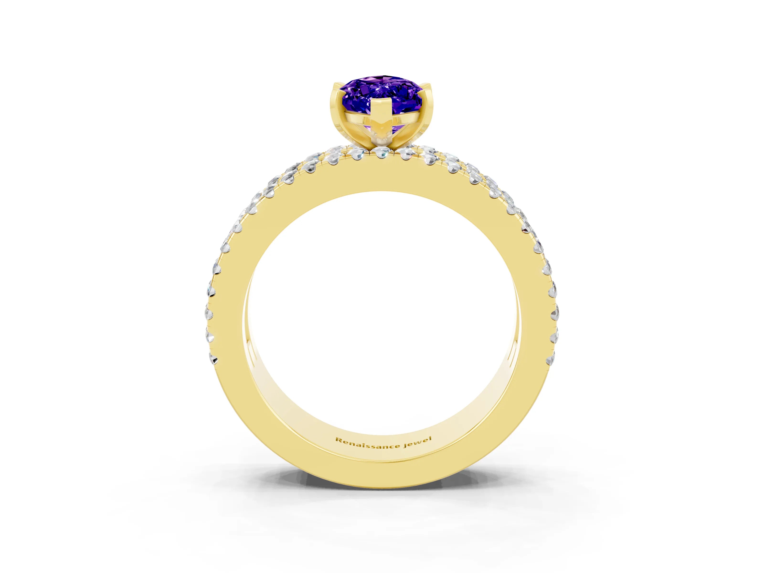 Yellow gold Marquise Cut Tanzanite Solitaire Ring with Pavé and Channel Set Band_3