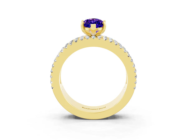 Yellow gold Marquise Cut Tanzanite Solitaire Ring with Pavé and Channel Set Band