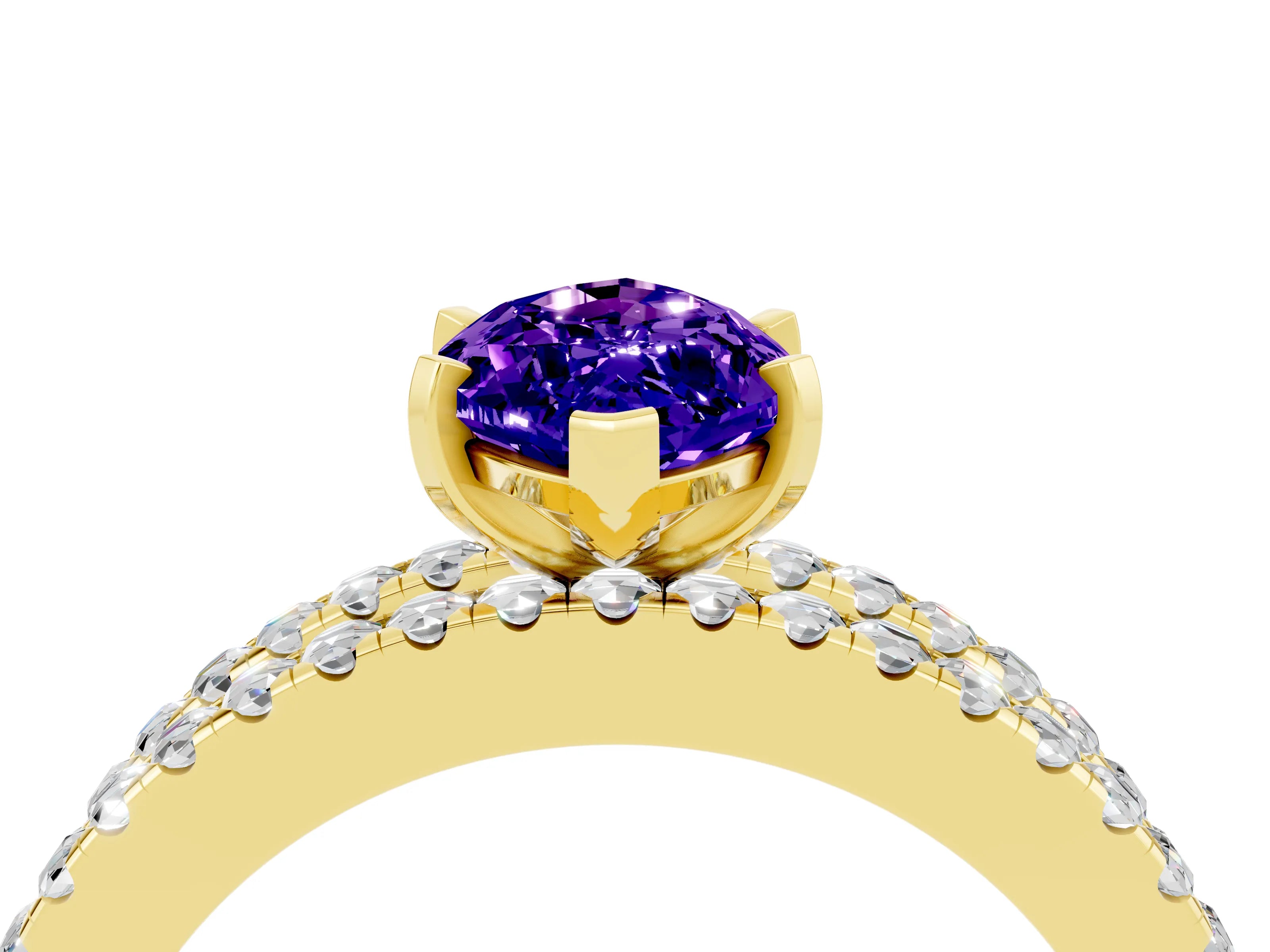 Yellow gold Marquise Cut Tanzanite Solitaire Ring with Pavé and Channel Set Band_4