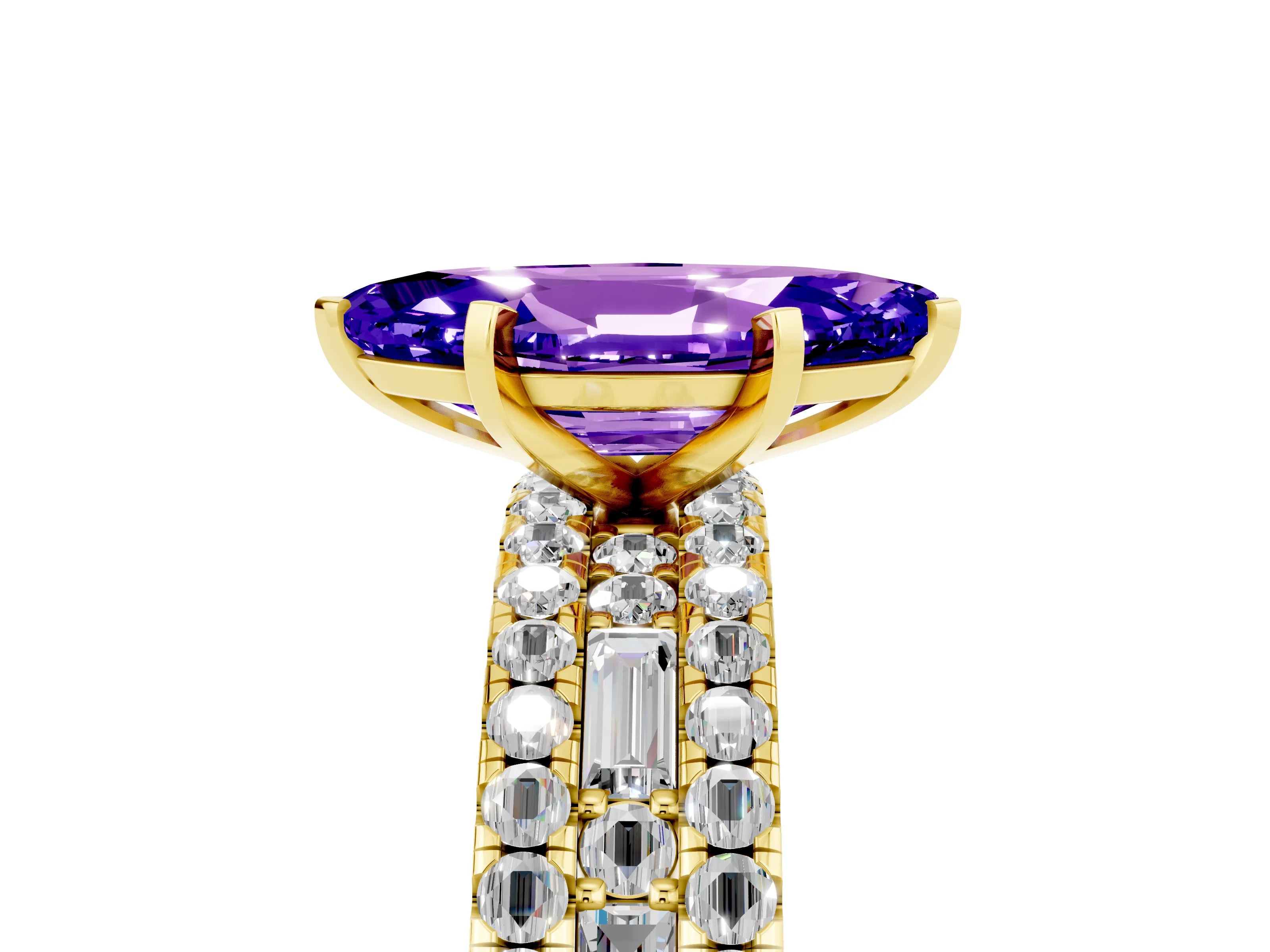 Yellow gold Marquise Cut Tanzanite Solitaire Ring with Pavé and Channel Set Band_5