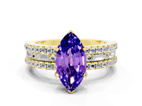 Yellow gold Marquise Cut Tanzanite Solitaire Ring with Pavé and Channel Set Band