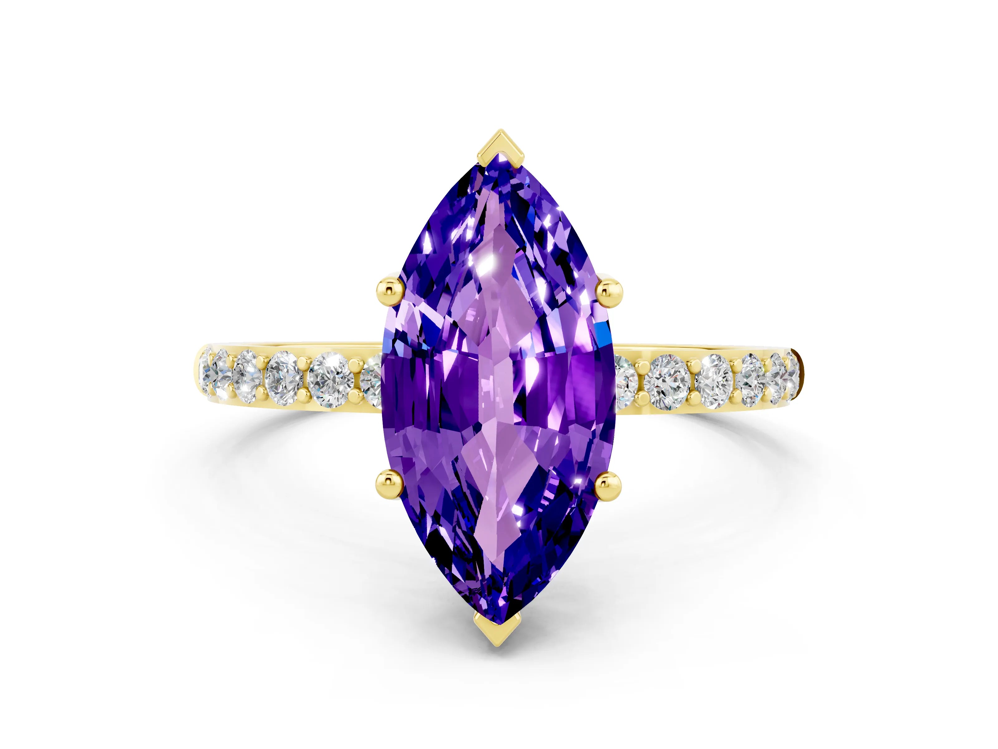 Yellow gold Marquise Cut Tanzanite Solitaire Ring with Pave Band and Four Prong Setting_24