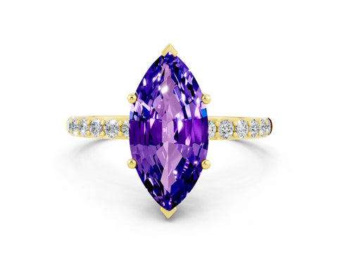 Yellow gold Marquise Cut Tanzanite Solitaire Ring with Pave Band and Four Prong Setting_24