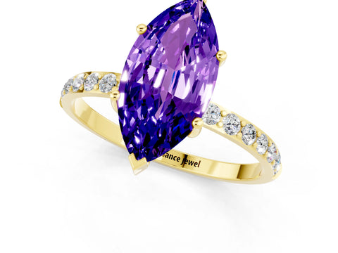 Yellow gold Marquise Cut Tanzanite Solitaire Ring with Pave Band and Four Prong Setting_25